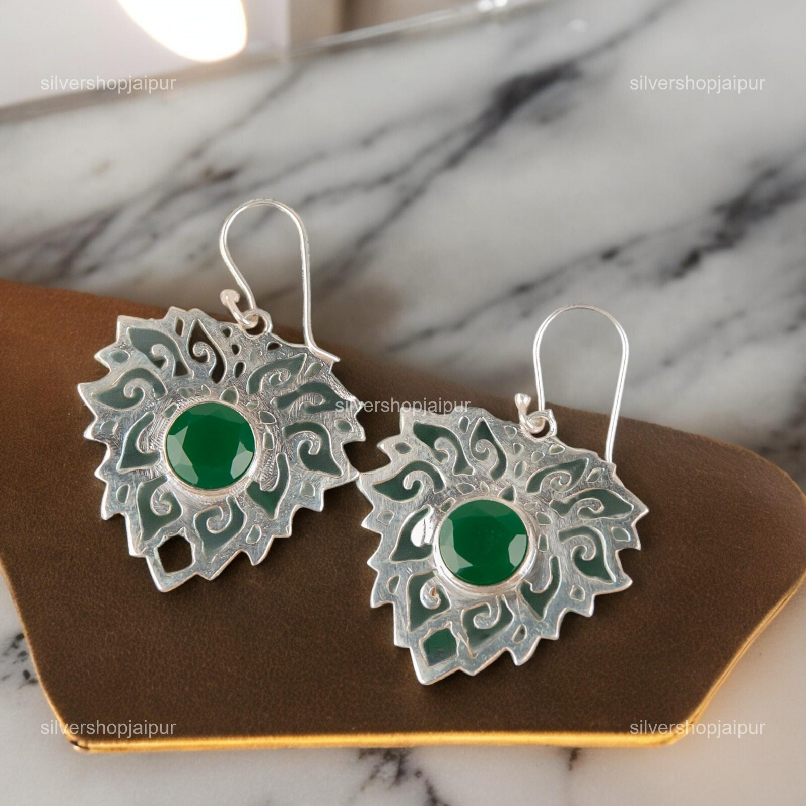 Green Onyx Filigree Dangle Earrings 925 Solid Silver Handmade Jewelry For Gift