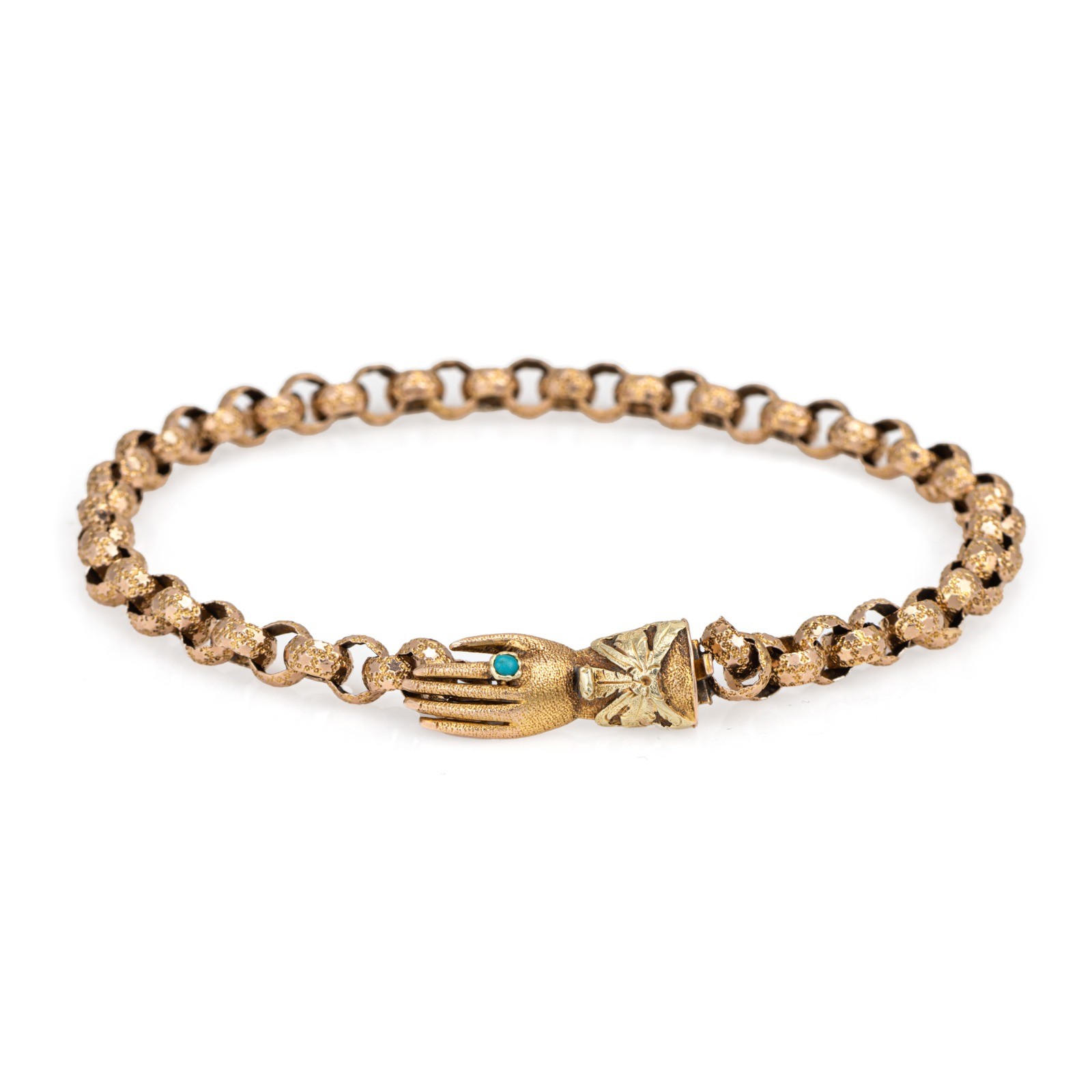 Antique Georgian Hand Clasp Bracelet 14k Yellow Gold Star Belcher Links 8″