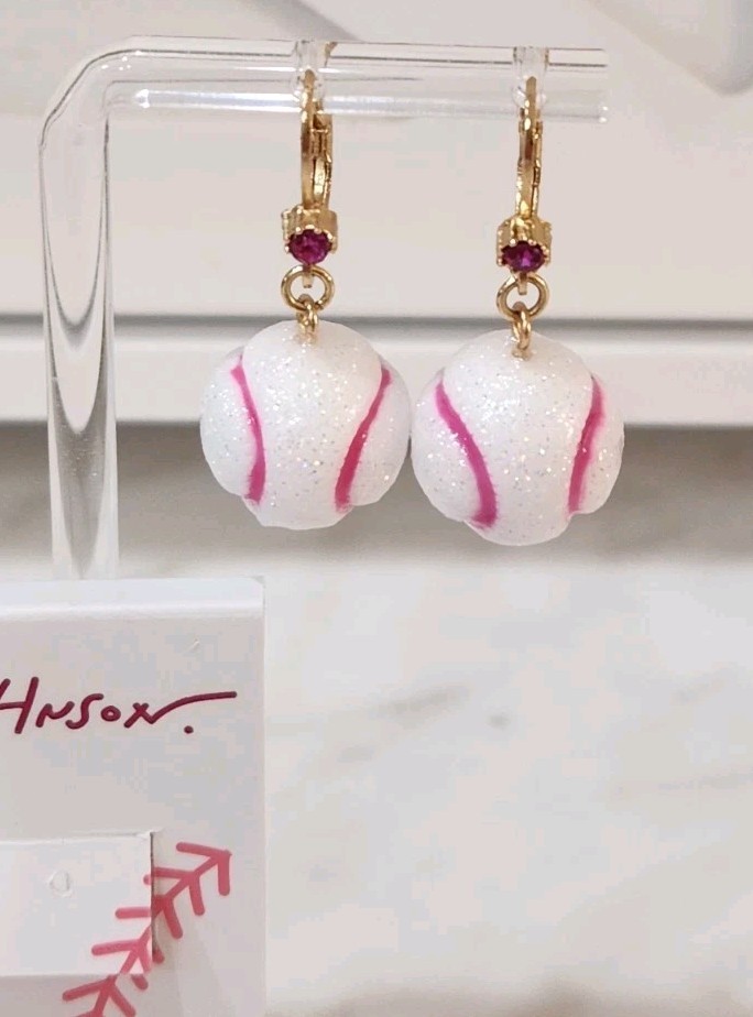 NWT! Betsey Johnson Pink & White Baseball Dangle Game Day Sparkle Earrings