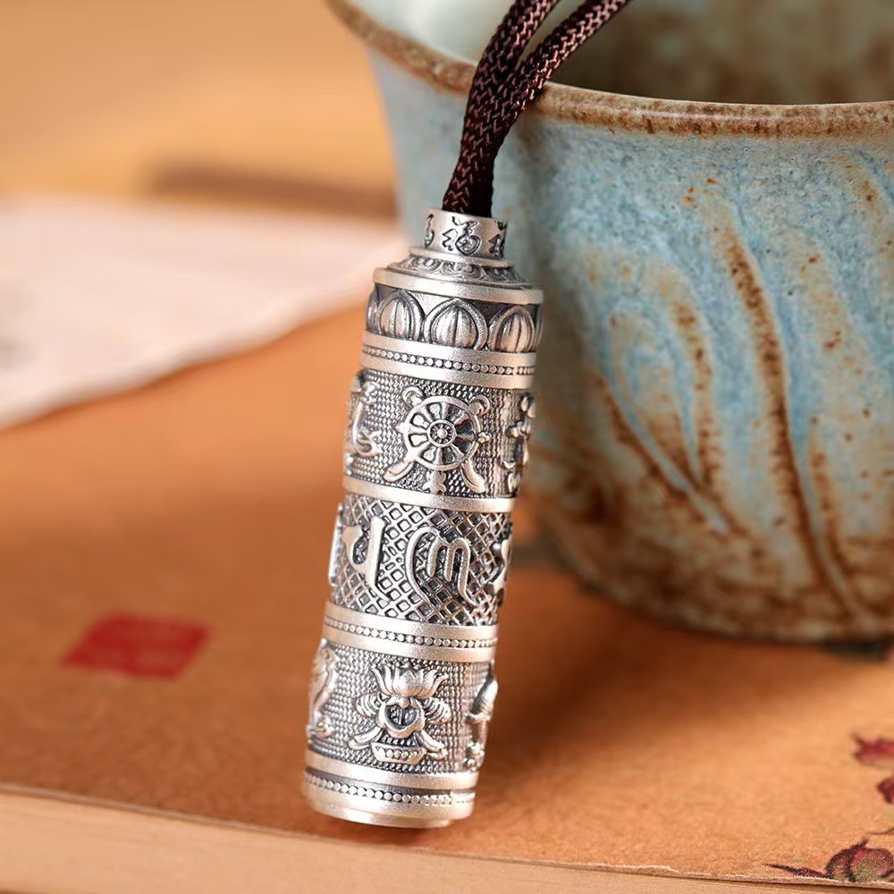 Pure S999 Fine Silver 999 Men Women Lucky Six Words Pillar Pendant 29-30g 45mm