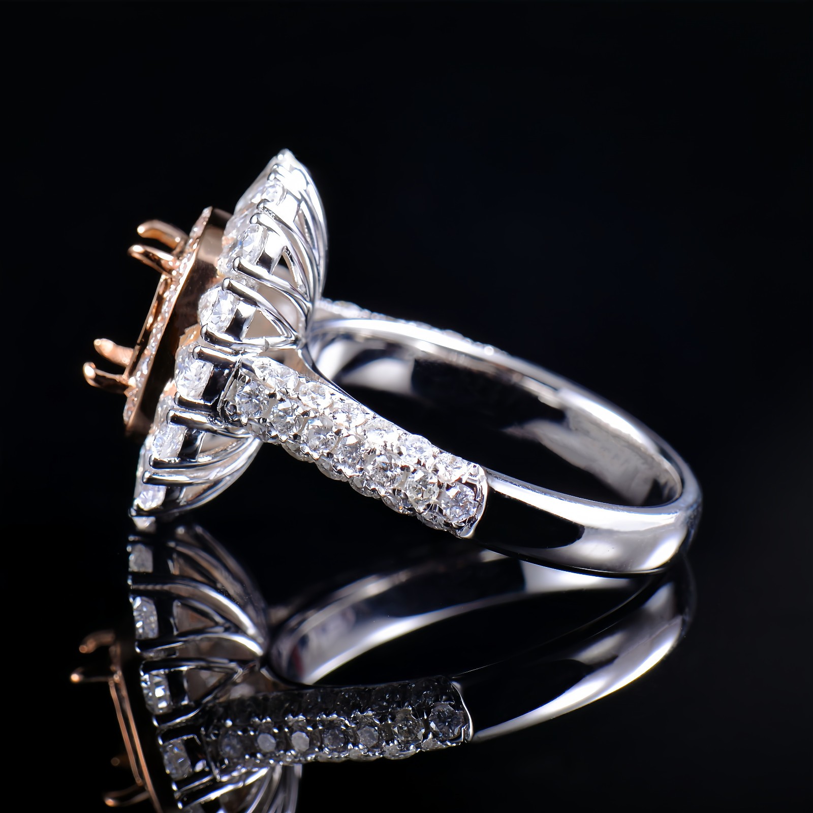 Custom Natural Diamond Semi Mount Women Ring Solid 14K 2-Tone Gold Cushion 7×5mm