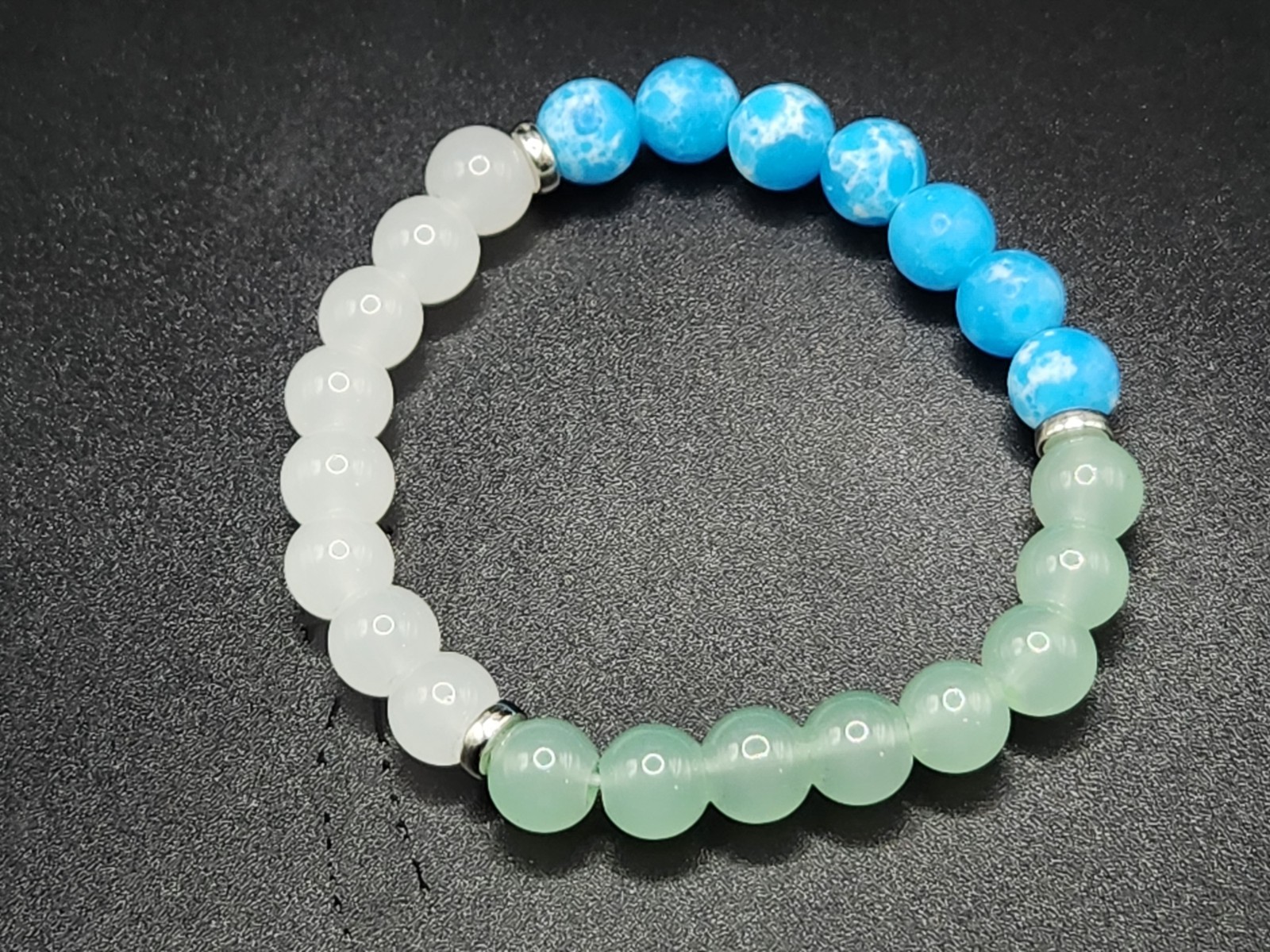 #0346 – Blue & White Frosted Beaded Stretch Bracelet Green Cat’s Eye Style…