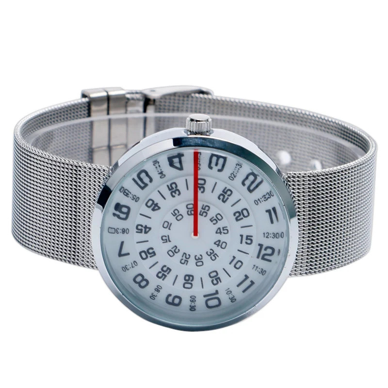 Mens Alloy Mesh Strap Wristwatch Round Dial 42mm White or Black Face Screw Crown