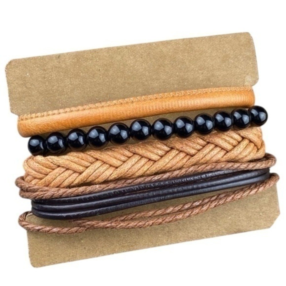 Mens Bracelets Bundle Adjustable Faux Leather & Hemp Onyx Stone Beads