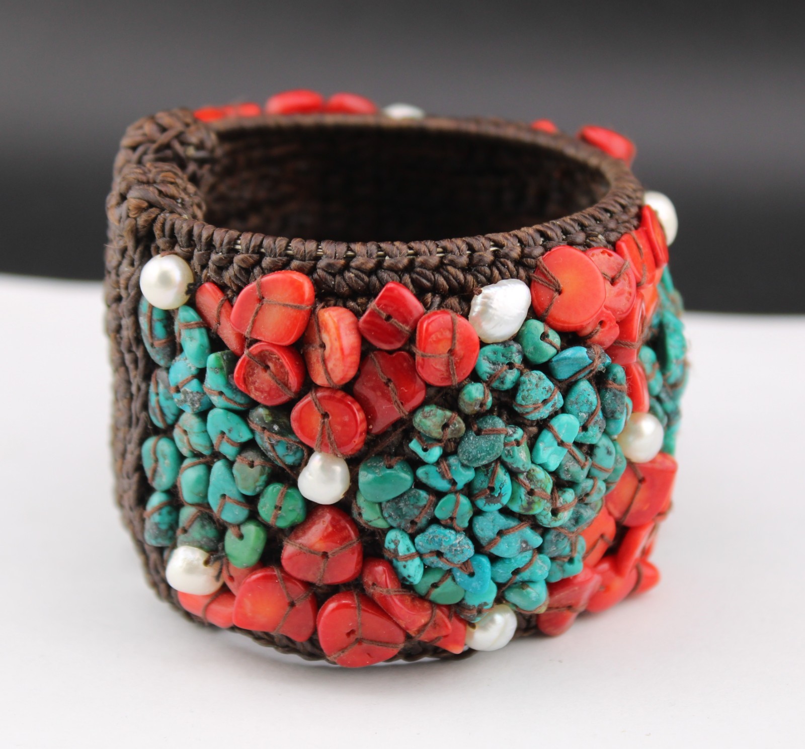 Chunky Soms Th Crochet Turquoise Coral Pearl Bead Cuff Southwestern Bracelet “