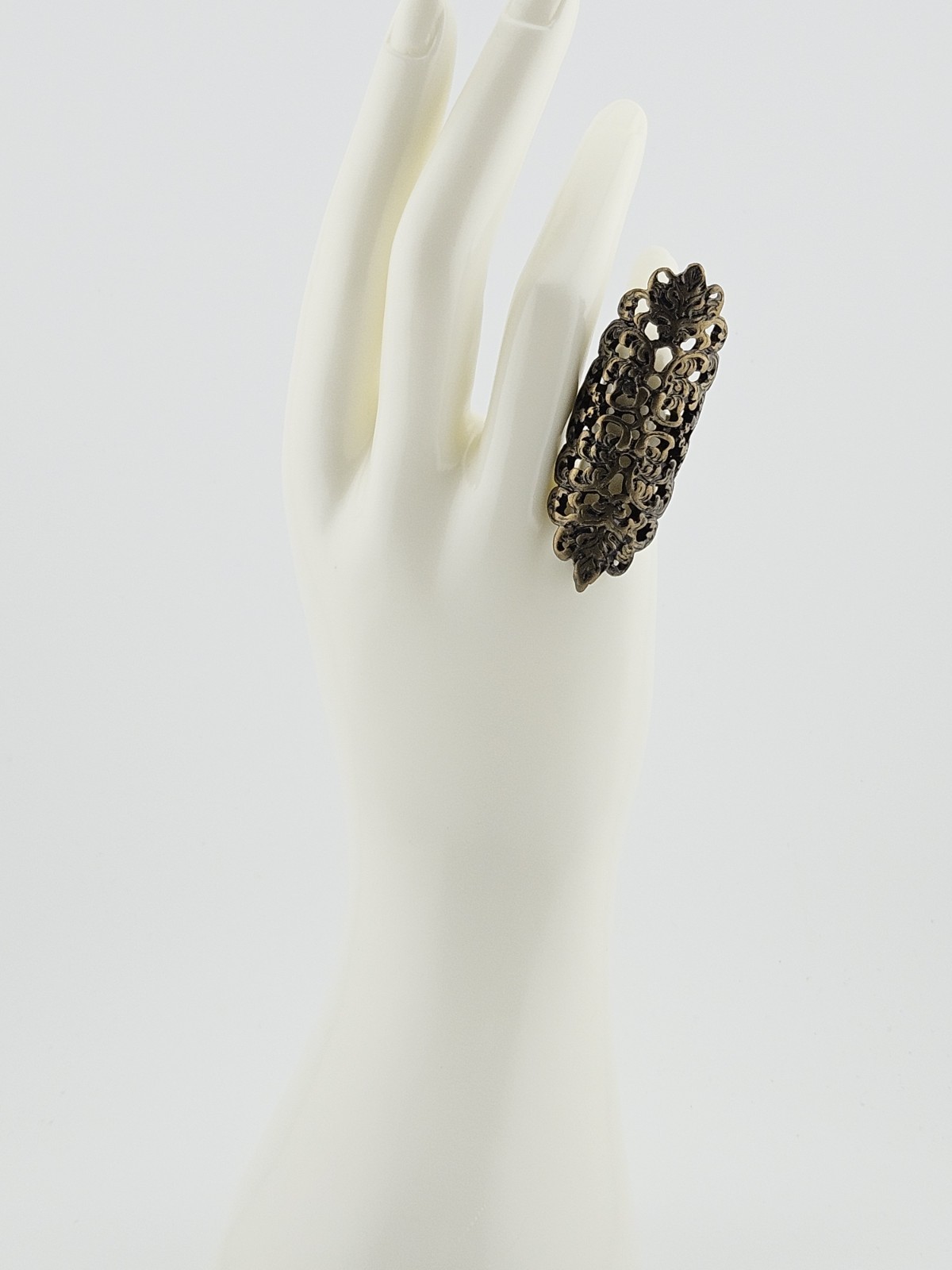 Brass Tone Full Finger Filigree Ring Size 5 J19-4275