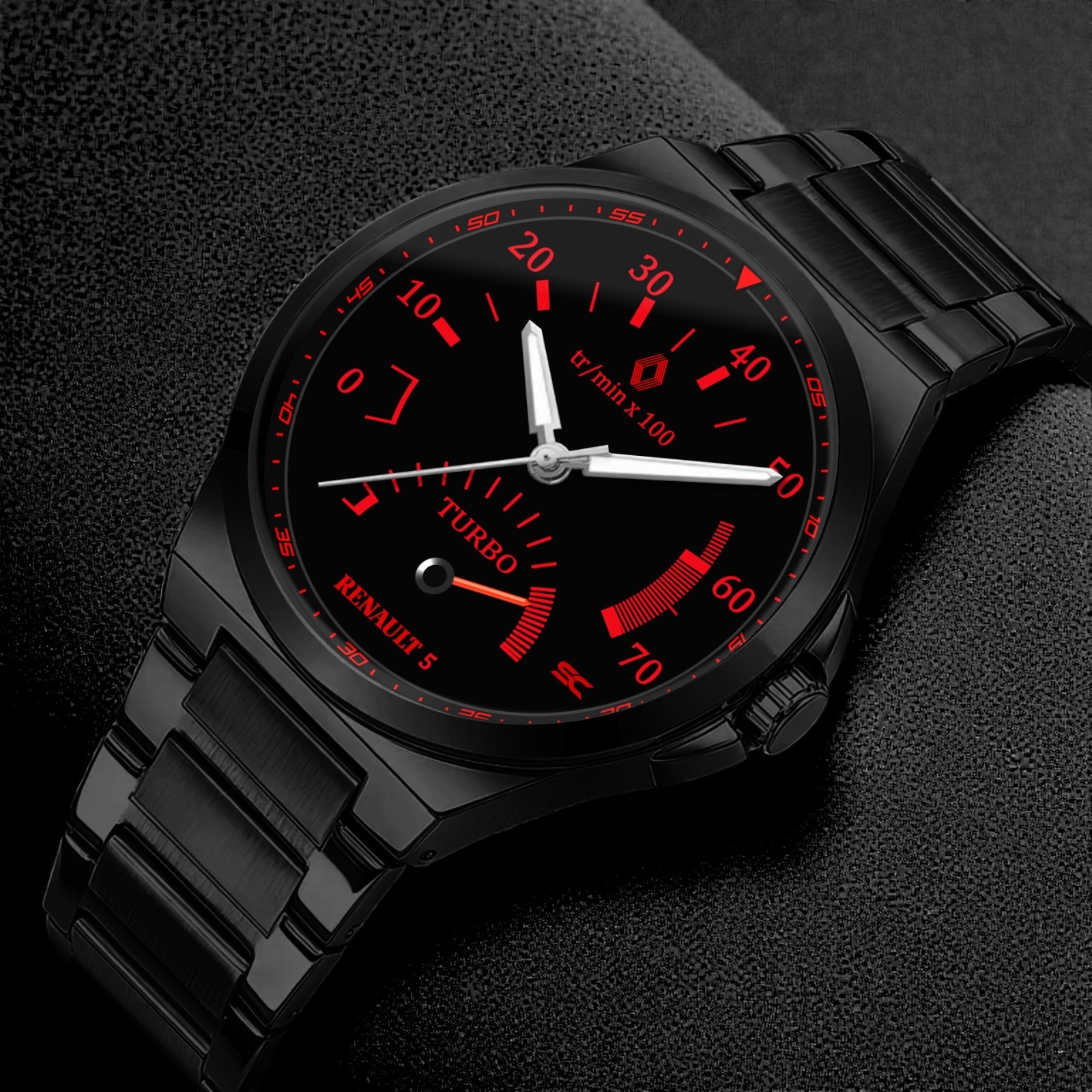 Renault Super 5 GT Turbo Sport Black Steel Tachometer Wrist Watch
