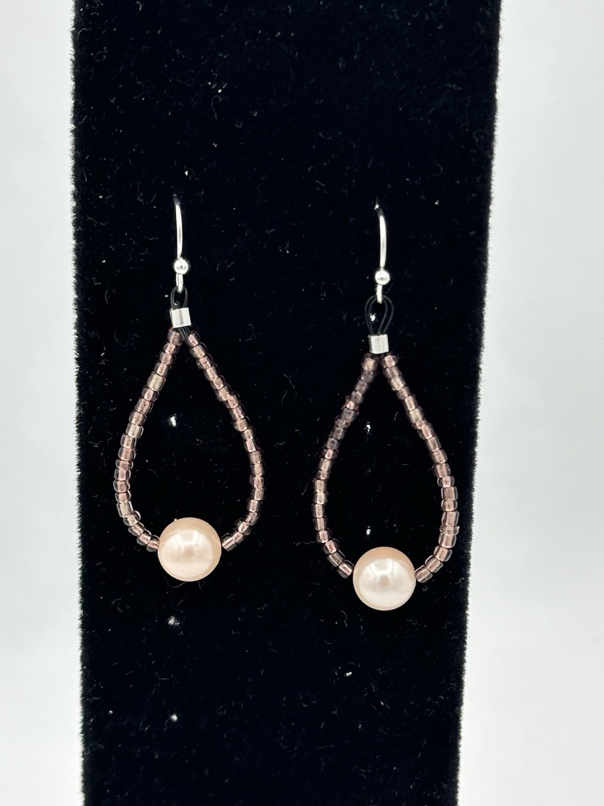 White Gold Plated, Lt Pink Shell Pearl & Glass Hoop Earrings