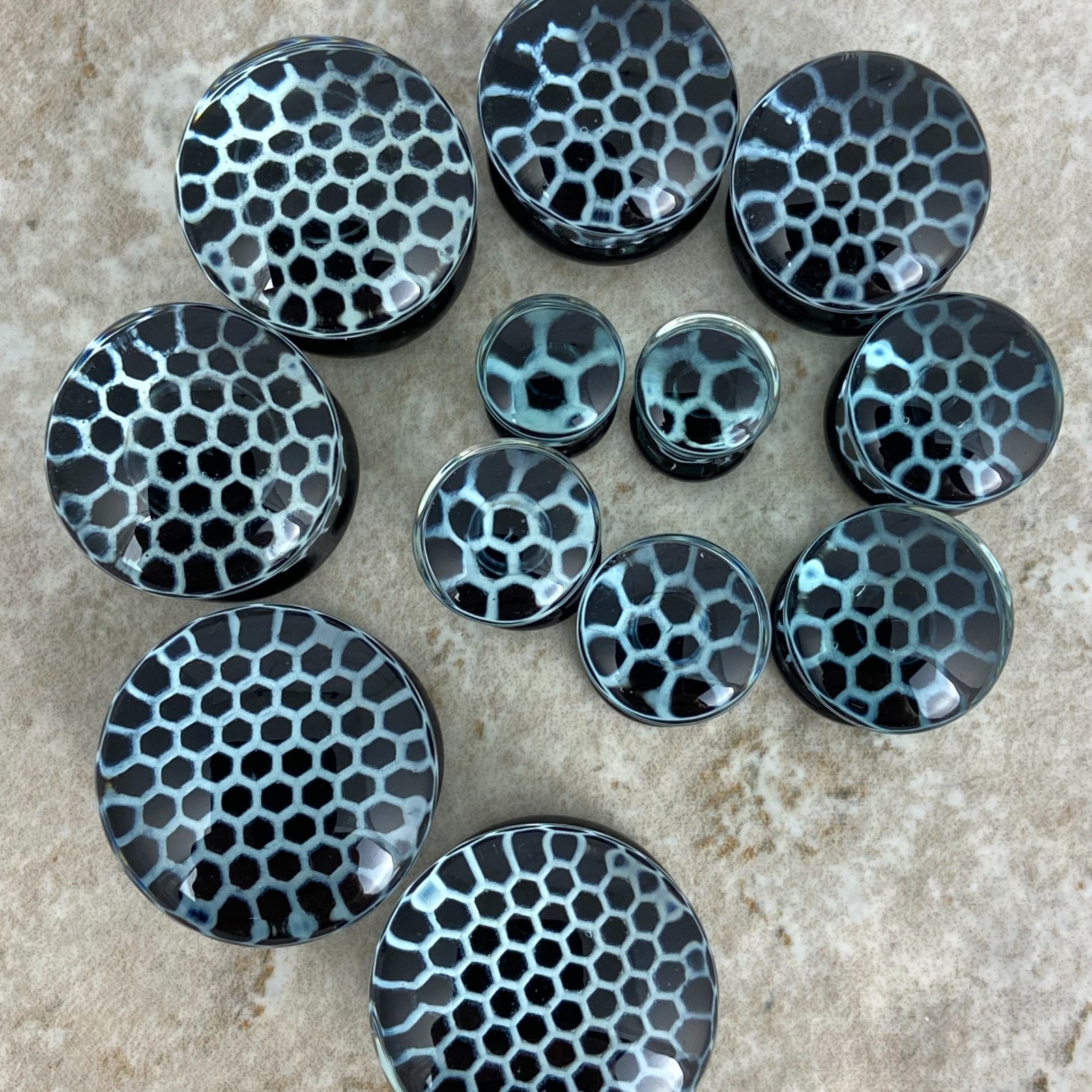 Black Honeycomb Glass Plugs (PG-548) gauges PICK YOUR SIZE