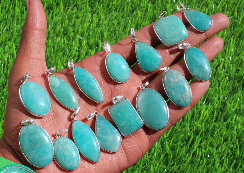 Natural Amazonite Pendants,Anxiety Gemstone Pendant Lot,925 Silver Jewelry Lot~
