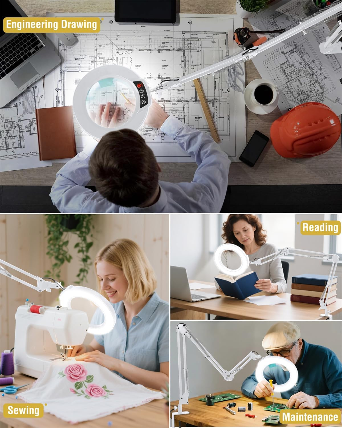 12X Magnifying Glass with Light and Clamp, Ultra Long 3 Section Swing Arm LED De