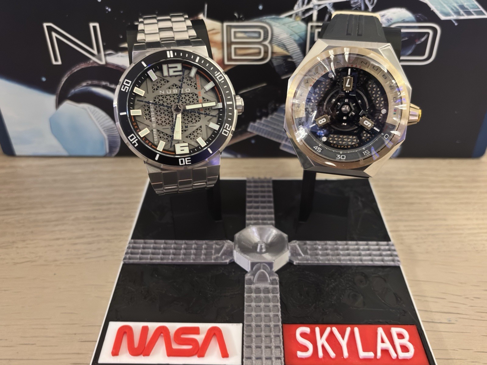 2 Limited Edition Nubeo Skylab Watches. 1st & 2nd Edition & Custom Display Stand