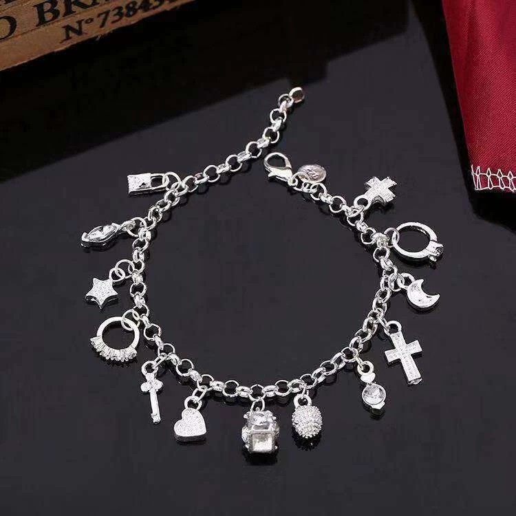 Boho Shining CZ Multiple Dangle Charm Silver Plated Alloy Chain Bracelet
