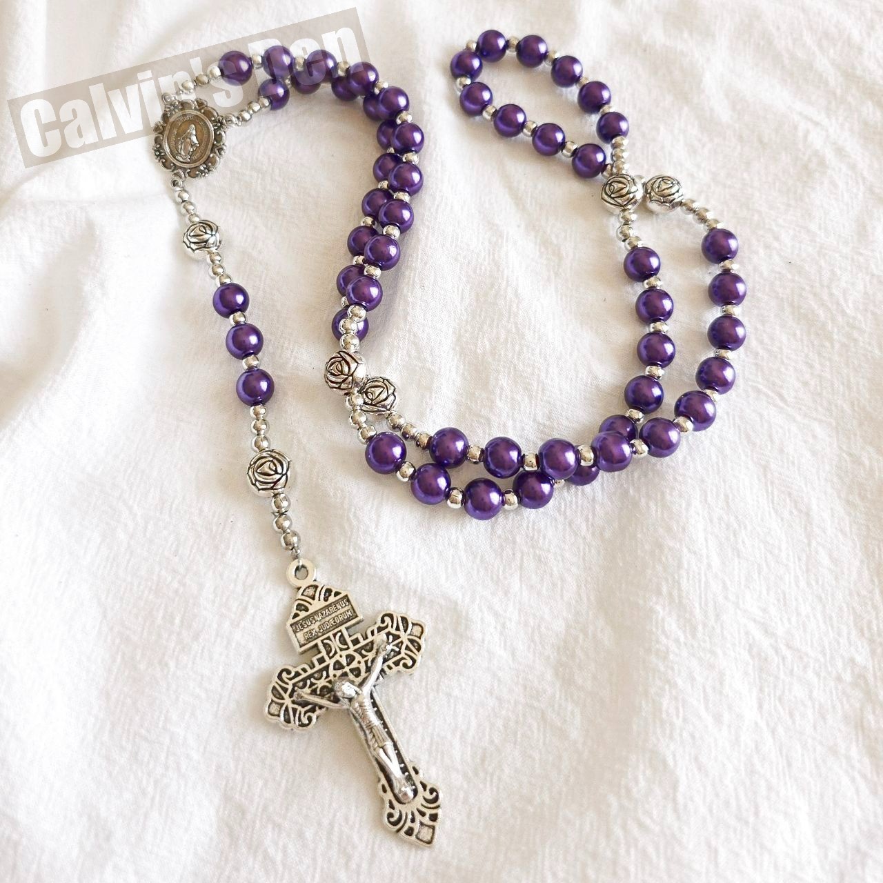 Purple Pearl Bead Rosary Necklace Miraculous Medal Rosebud Crucifix Cross Gift