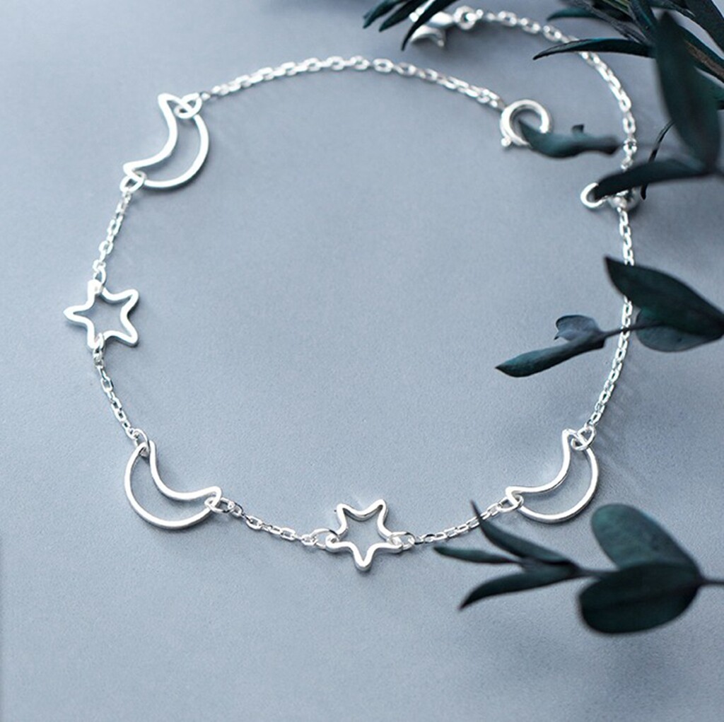 Fashion Women 925 Sterling Silver Hollow Moon Star Chain Hand Bracelet 6-7.5″
