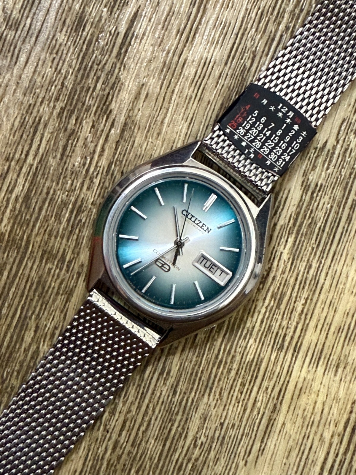 Vintage Citizen Electronic Cal.7804 Blue Sunburst Day Date 38mm Mesh Japan