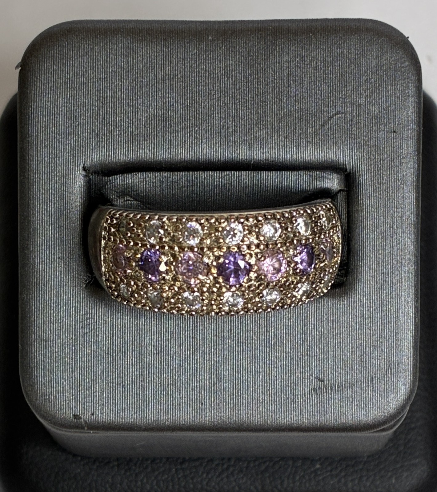 Silver ring with blue, purple and pink crystals, size 10