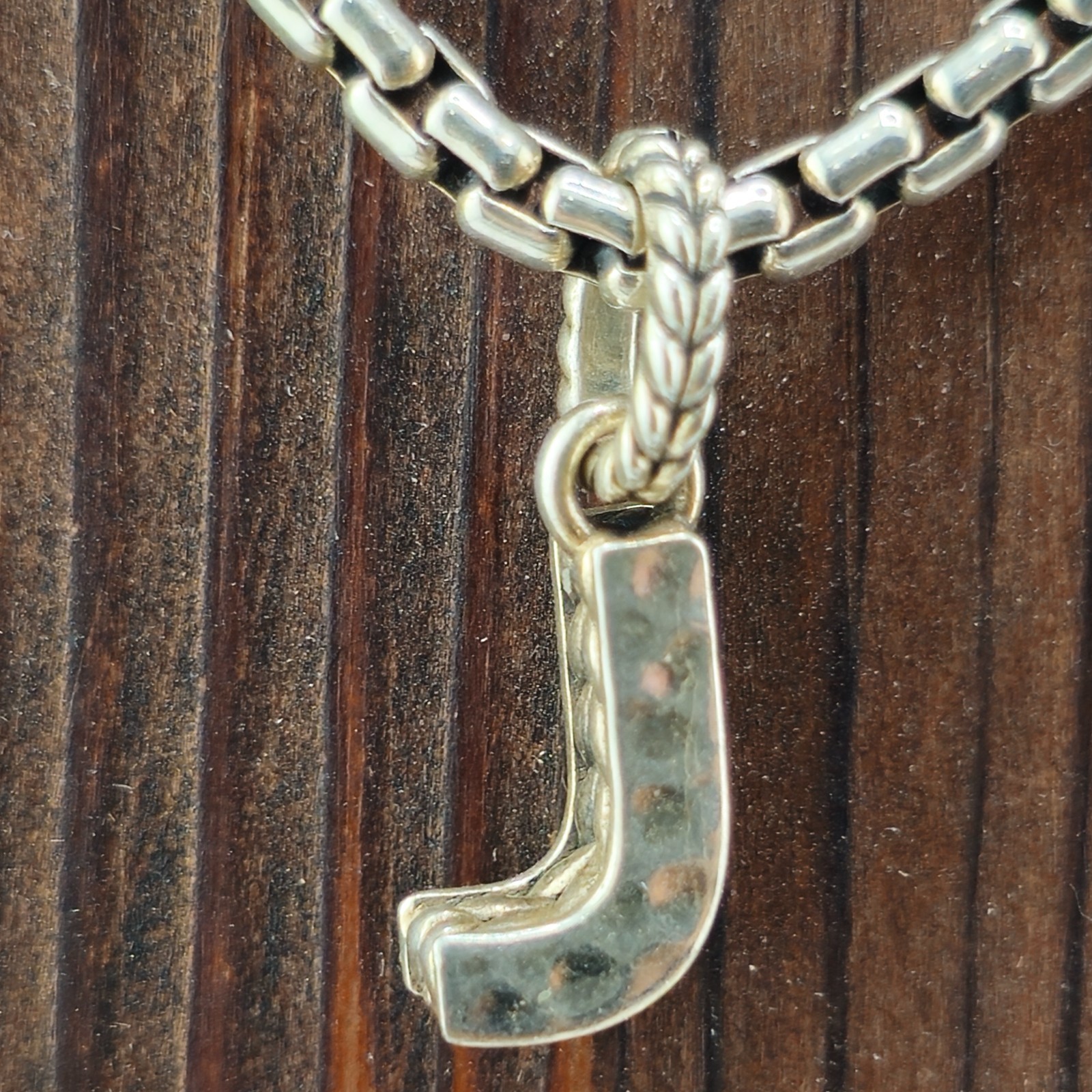 JAI 925 Sterling Silver J Pendant Necklace 9.5in Hammered Classic Thailand