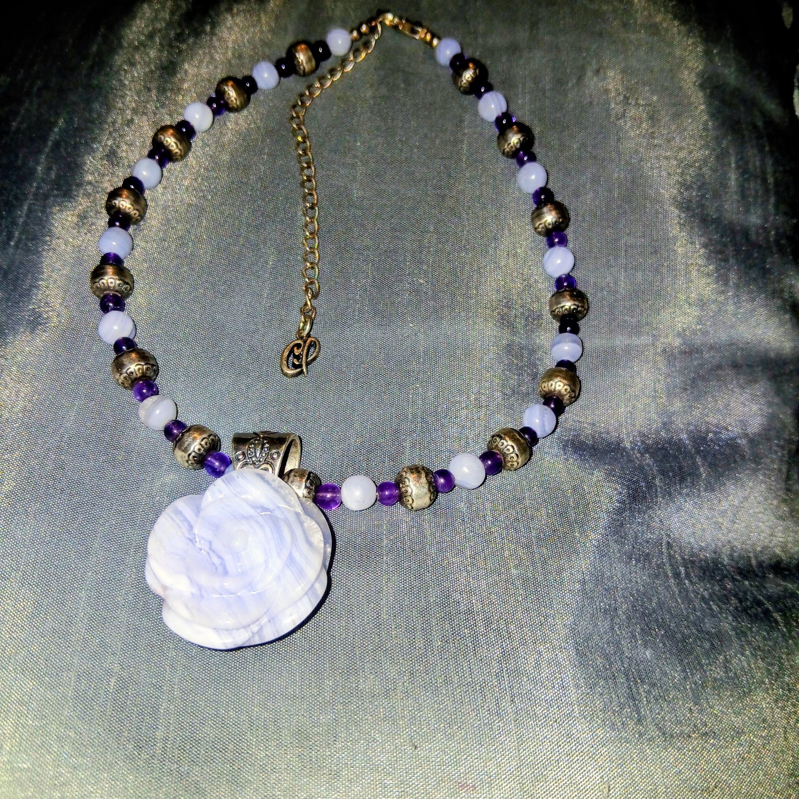 Carolyn Pollack Sterling Carved Blue Lace Agate Amethyst Necklace Rose Pendant
