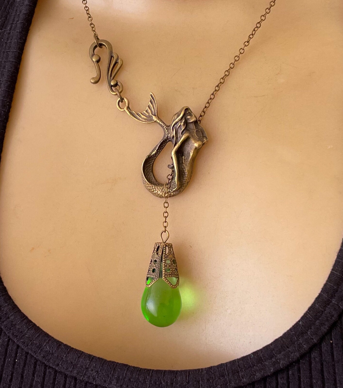 Mermaid Necklace Art Nouveau Siren Lariat Pendant W/ Antique Green Czech Glass