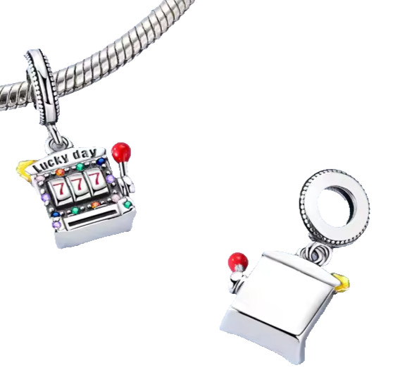 LUCKY DAY 777 SLOT MACHINE GAMBLERS CZ STERLING SILVER BRACELET CHARM & POUCH!