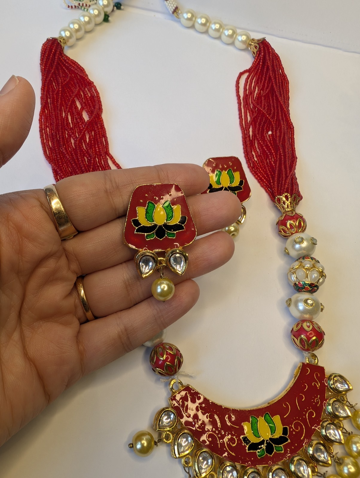 Handmade Lotus Thread Necklace Set Red Meenakari Pearl Indian Ethnic Jewelry