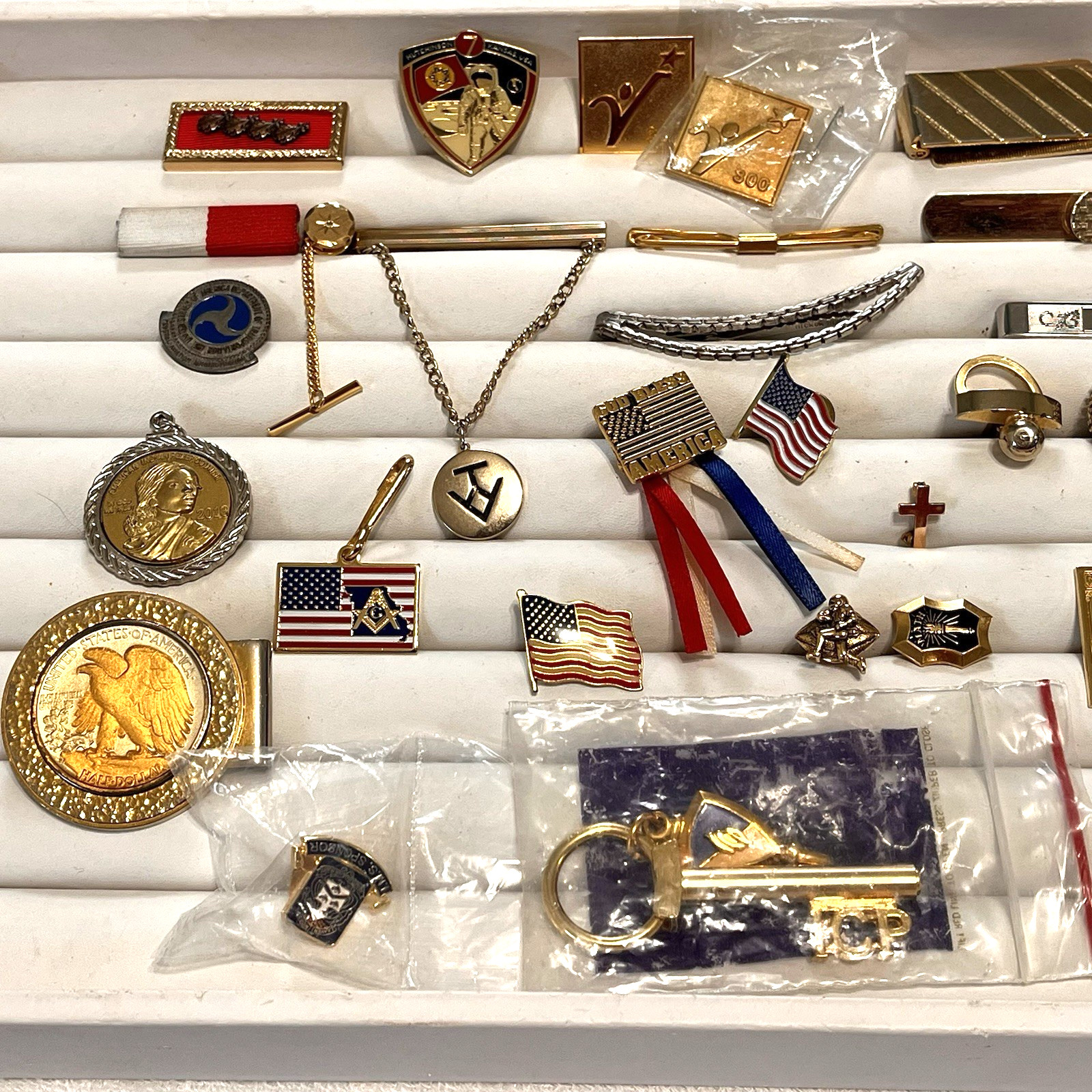 Collection Vintage Junk Drawer Lot Tie Bars Lapel Pins Single Cufflinks 38 Items