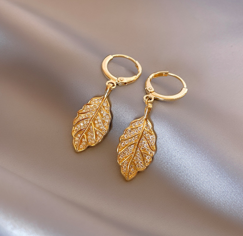 Women 925 Sterling Silver Dangle Pave CZ Hanging Leaf Huggie Hoop Earrings PE25
