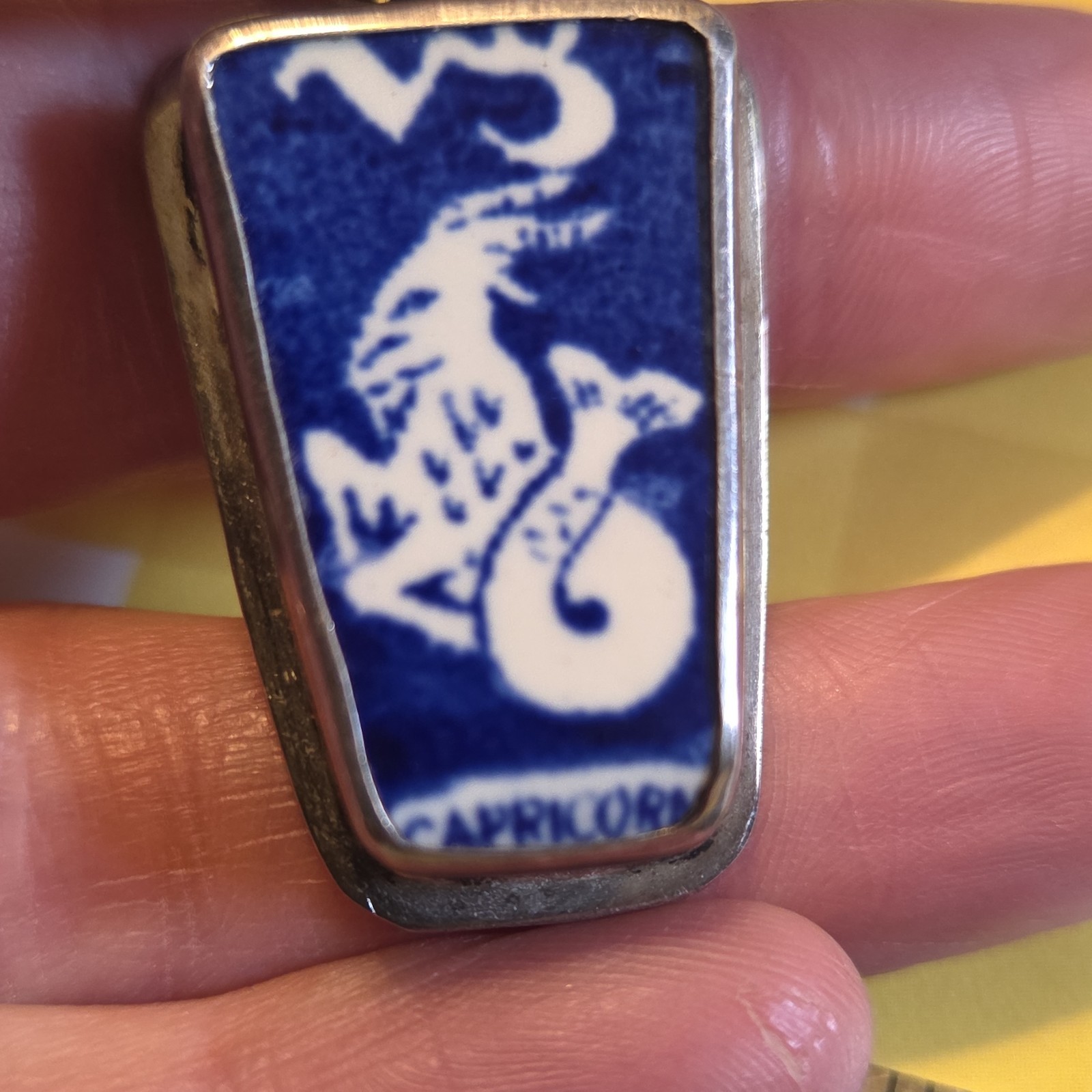 Sterling Silver 925 Blue & White Capricorn Zodiac Rectangle Pendant