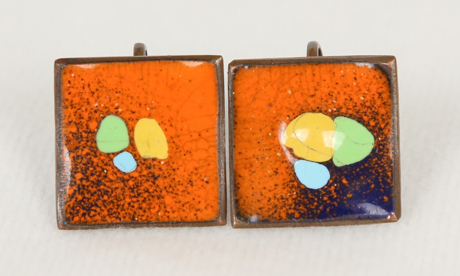 Vintage MCM Midcentury Enamelware and Copper Screw Back Earrings Orange/Blue