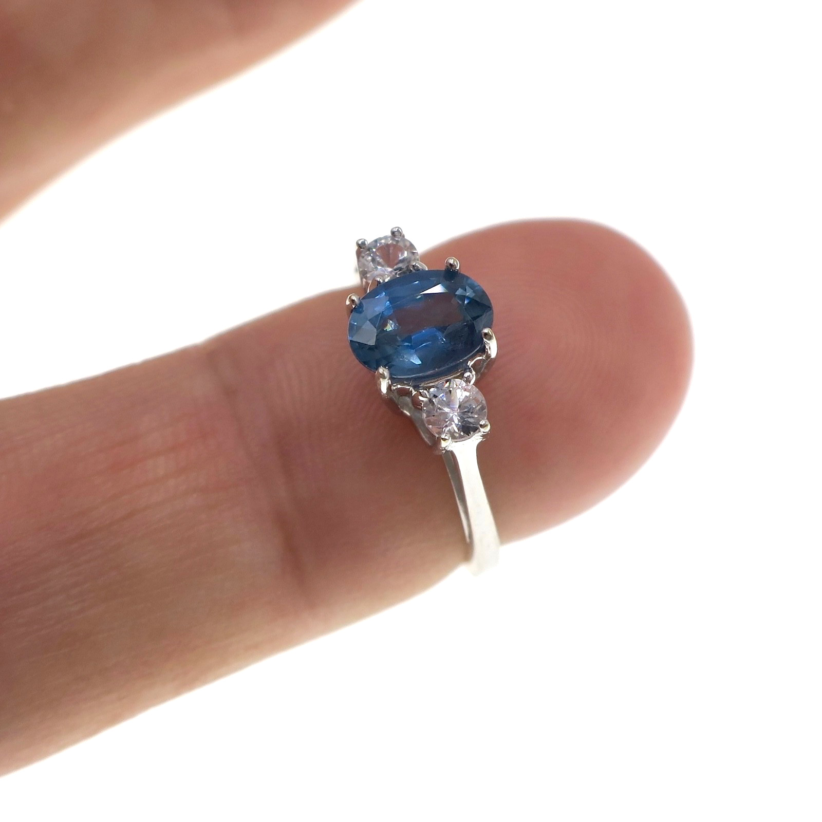 Petite 14k Solid White Gold Natural White an Blue Sapphire 3-Stone Ring Sz 4.75