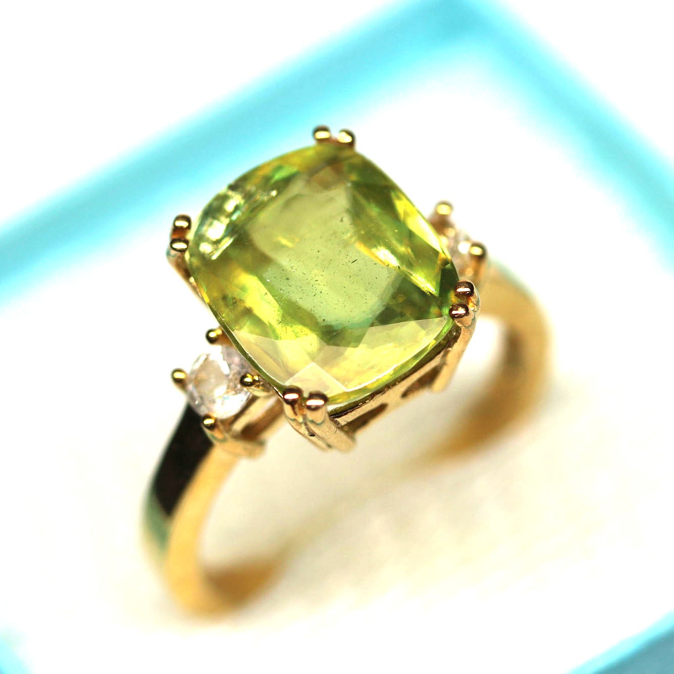 Handmade 925 Silver Green Sphene White Topaz Ring Size 6 18K Gold Plated