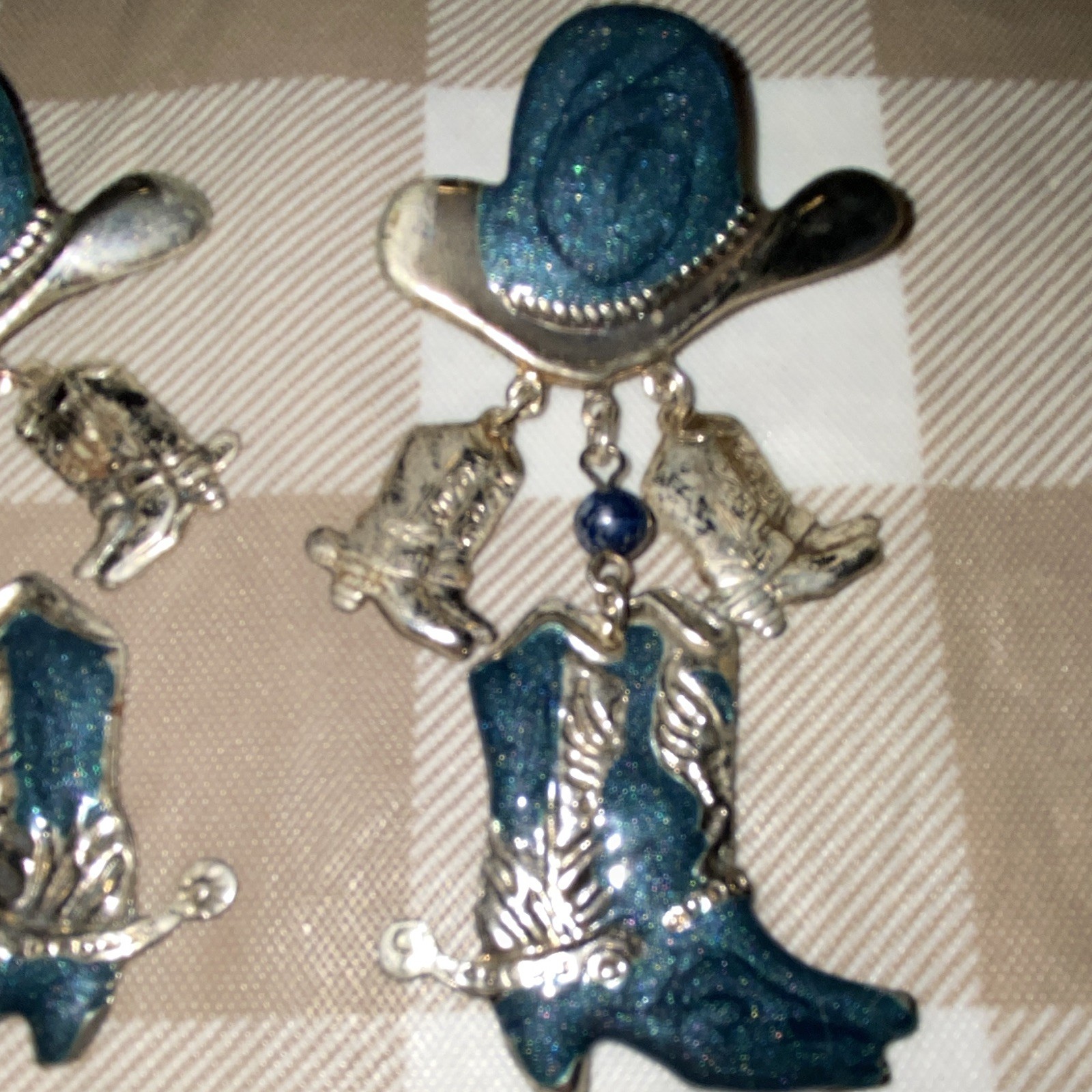 Western Cowboy Hat & Boots Dangle/Drop Post Earrings, Silver Tone & Blue