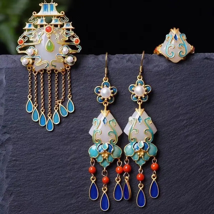 Gold Plated Cloisonne Natural Jade Palace Antiquity Temperament Tassel Earrings