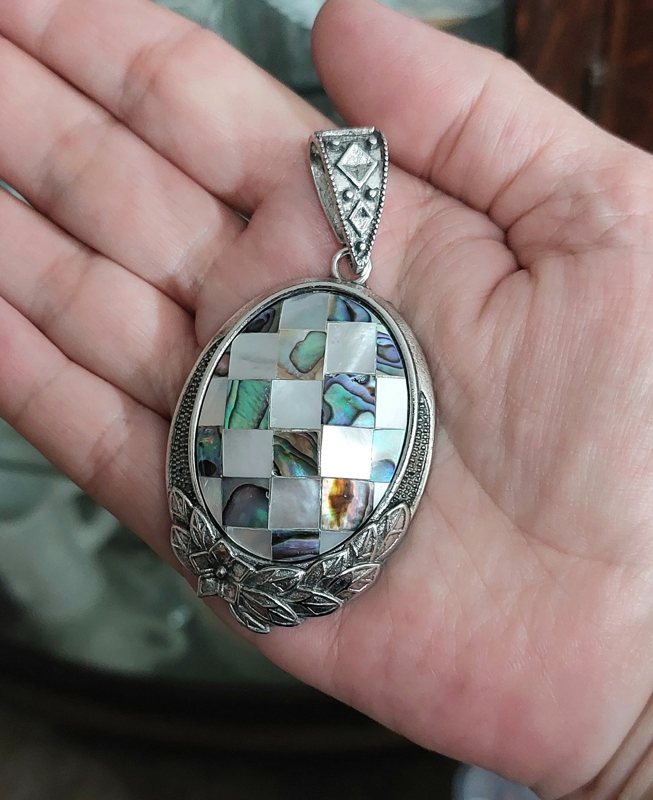 Mother of Pearl Abalone Shell Checkerboard Iridescent Necklace Pendant