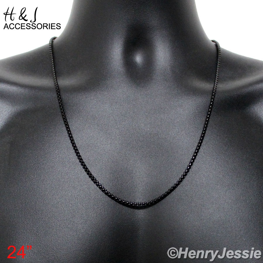 16-36″MEN Stainless Steel 2.5mm Black Plated Smooth Box Link Chain Necklace