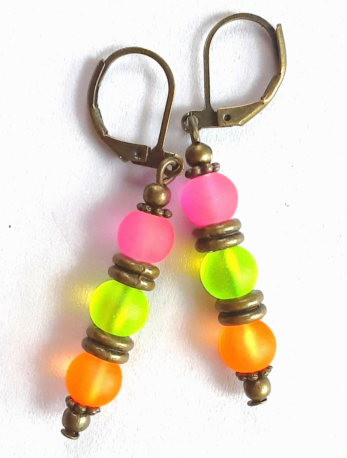 pink lime orange FROSTED BEACH GLASS drop earring BRONZE HANDCRAFTED 910