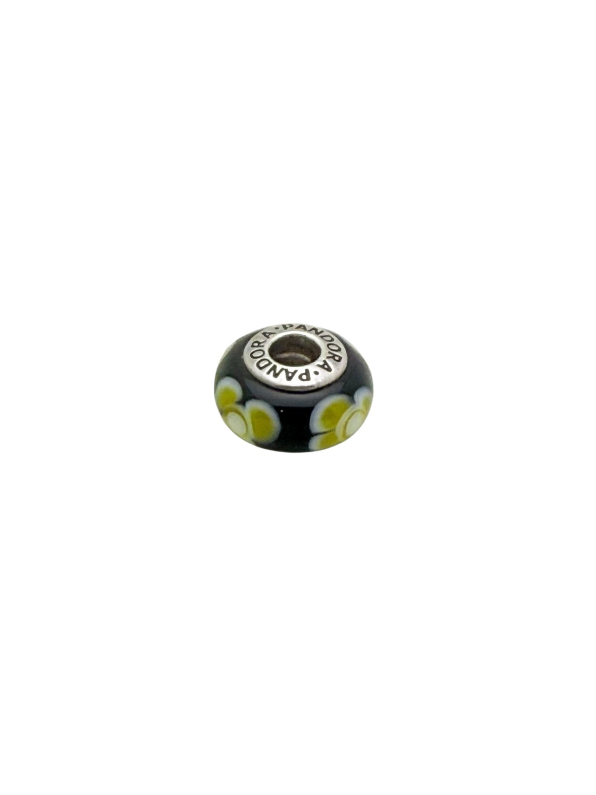 Pandora Sterling Silver Black Yellow White Flowers Murano Glass Charm