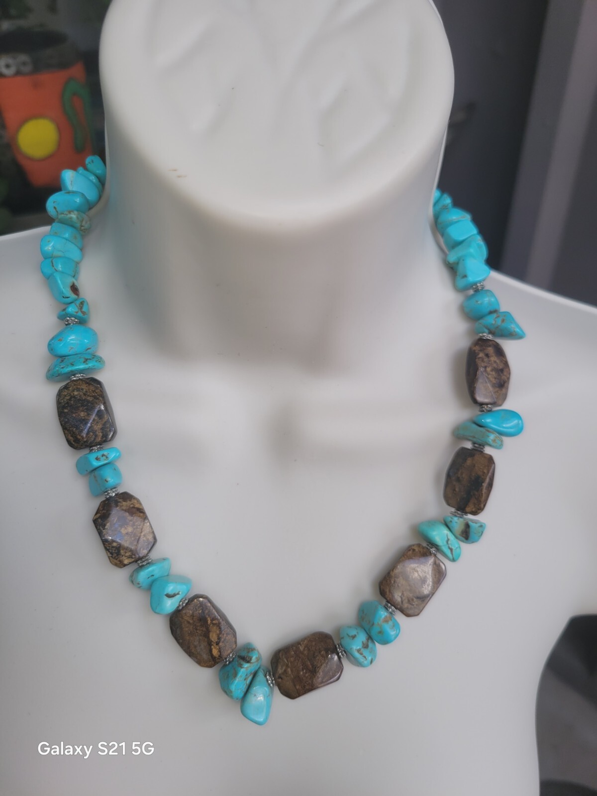 Turquoise-Bronzite Necklace 20″ Long Boho Chic Artisan Made Adjustable OOAK
