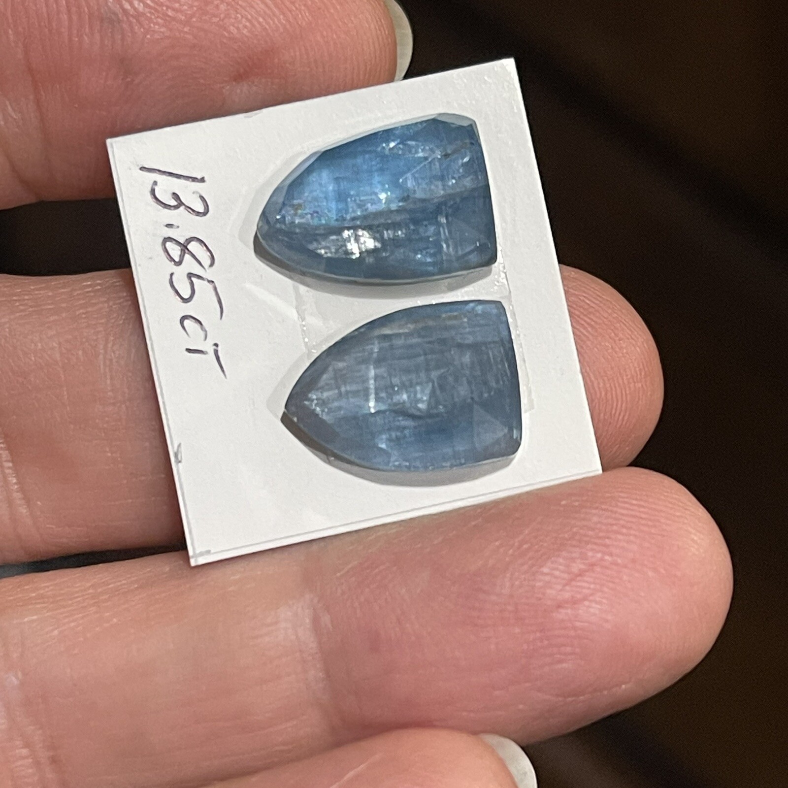 13.85ct 14x10x4.7mm Pair Aqua Blue Kyanite Shield Cut Faceted Cabochons Gems