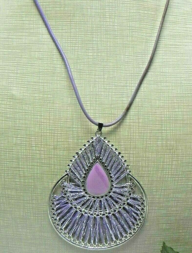 PURPLE Tear Drop Pendant 3 X 2 1/2″ NECKLACE LAVENDER String Leather 17″