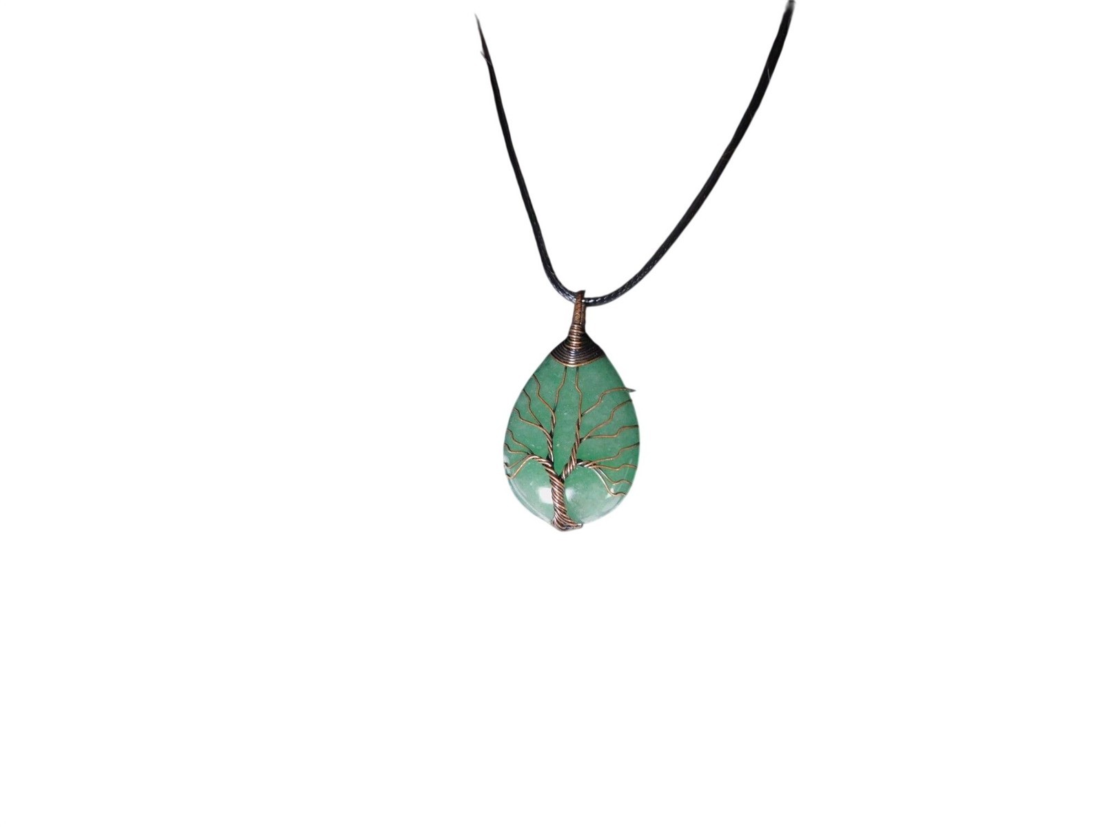 Green Aventurine Tree of Life Pendant Necklace Wire Wrapped Crystal Teardrop