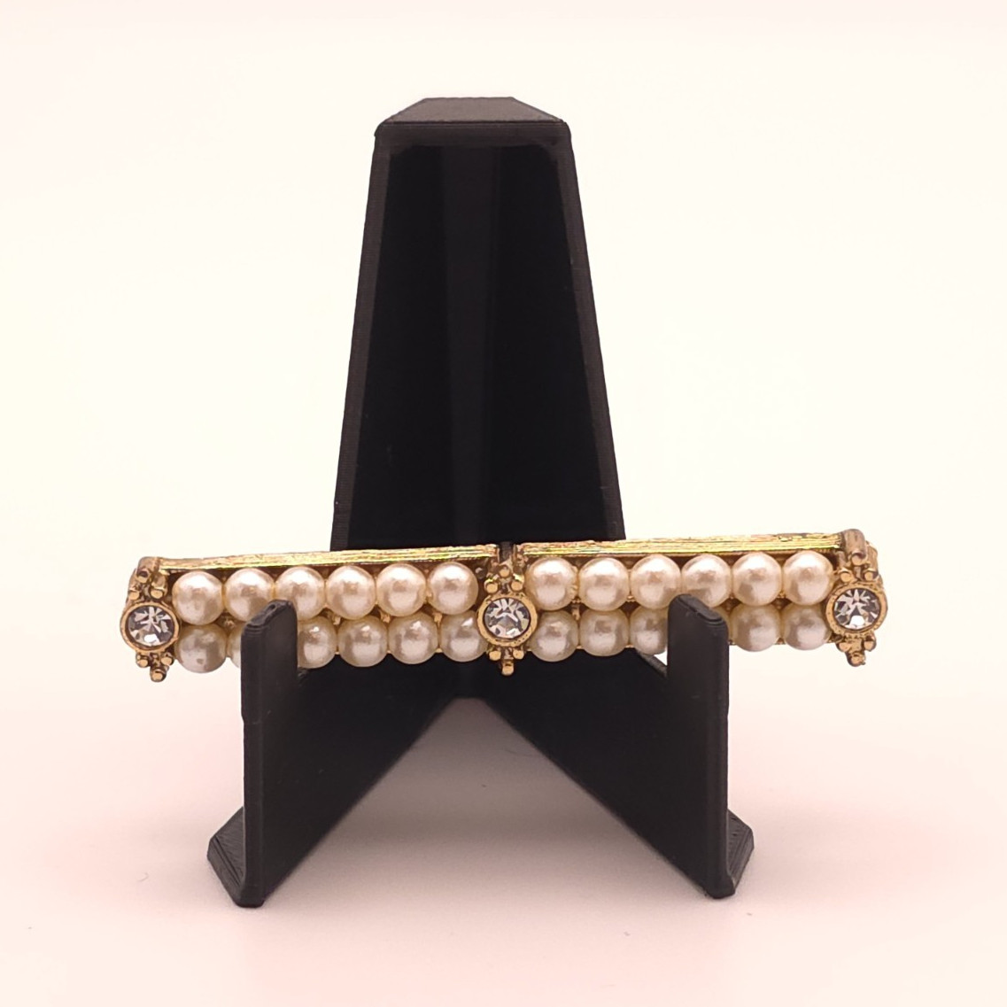 Vintage Gold Tone Bar Brooch Pin Round Simulated Pearl & Clear Rhinestone