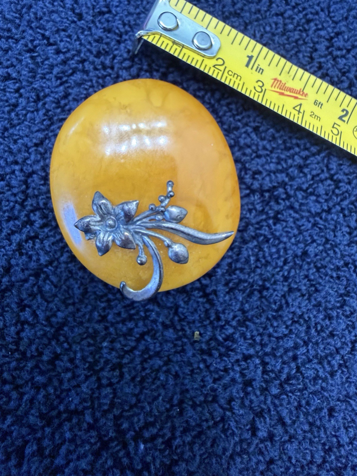 Vintage Sterling 875 Amber Brooch Egg Yolk Russian Butterscotch 12.8 grams 5231