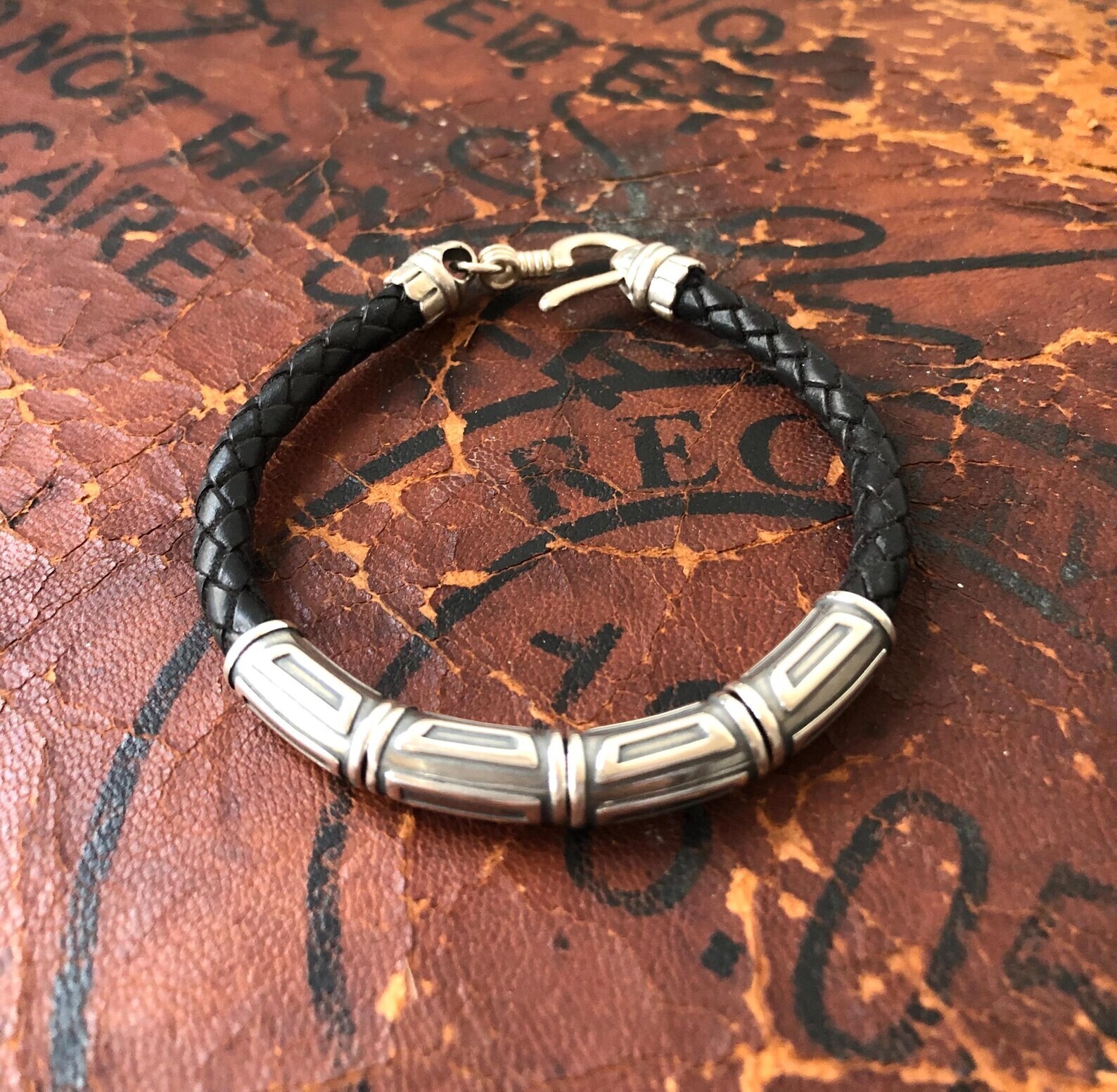 925 sterling silver tube leather bracelet artisan handmade bangle 5 thick men