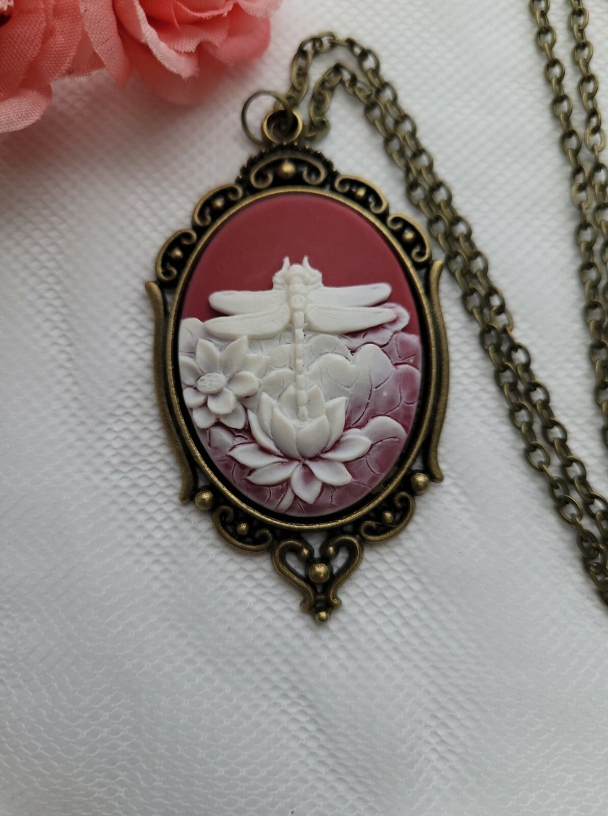 Red White Dragonfly Cameo Anniversary Birthday Daughter Sister Bronze Necklace