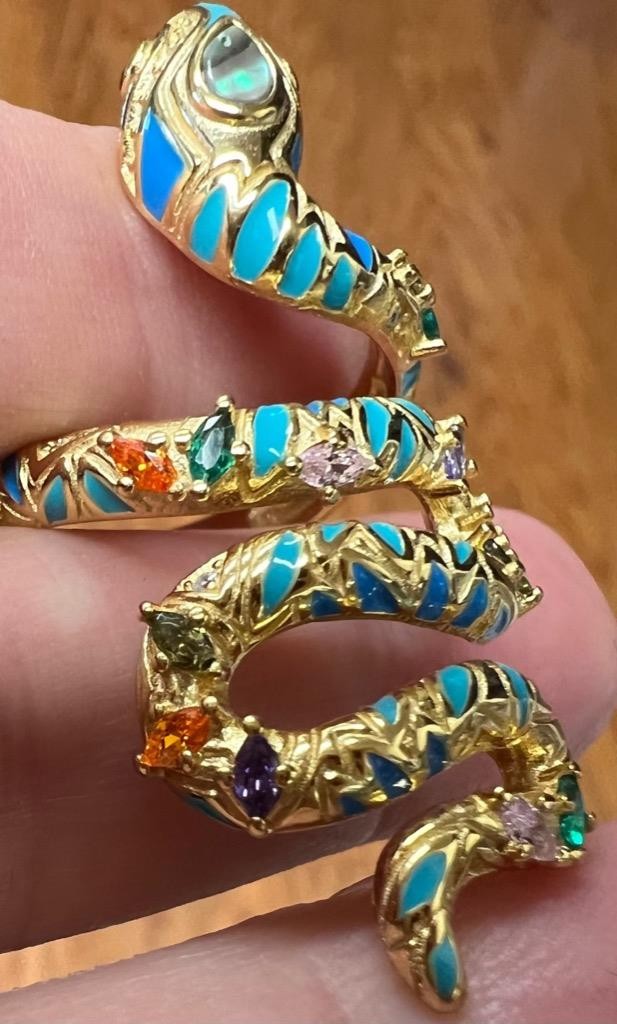 REAL Gemstones 14K Gold on SOLID 925 Snake Ring wrap Egyptian Rev Yellow gf