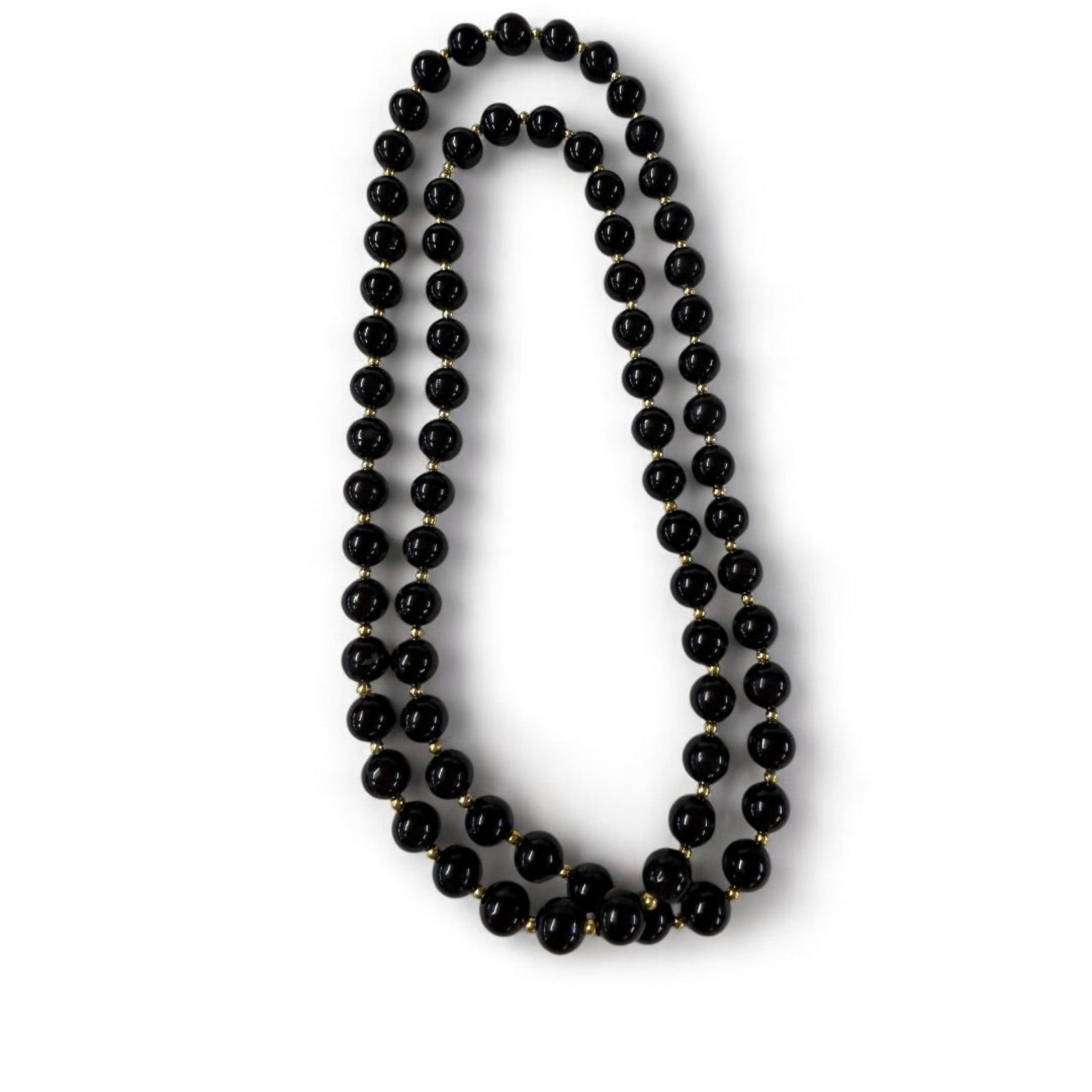 Vintage Black Goldtone Acrylic Necklace Beaded 34 Inch Overhead No Clasp