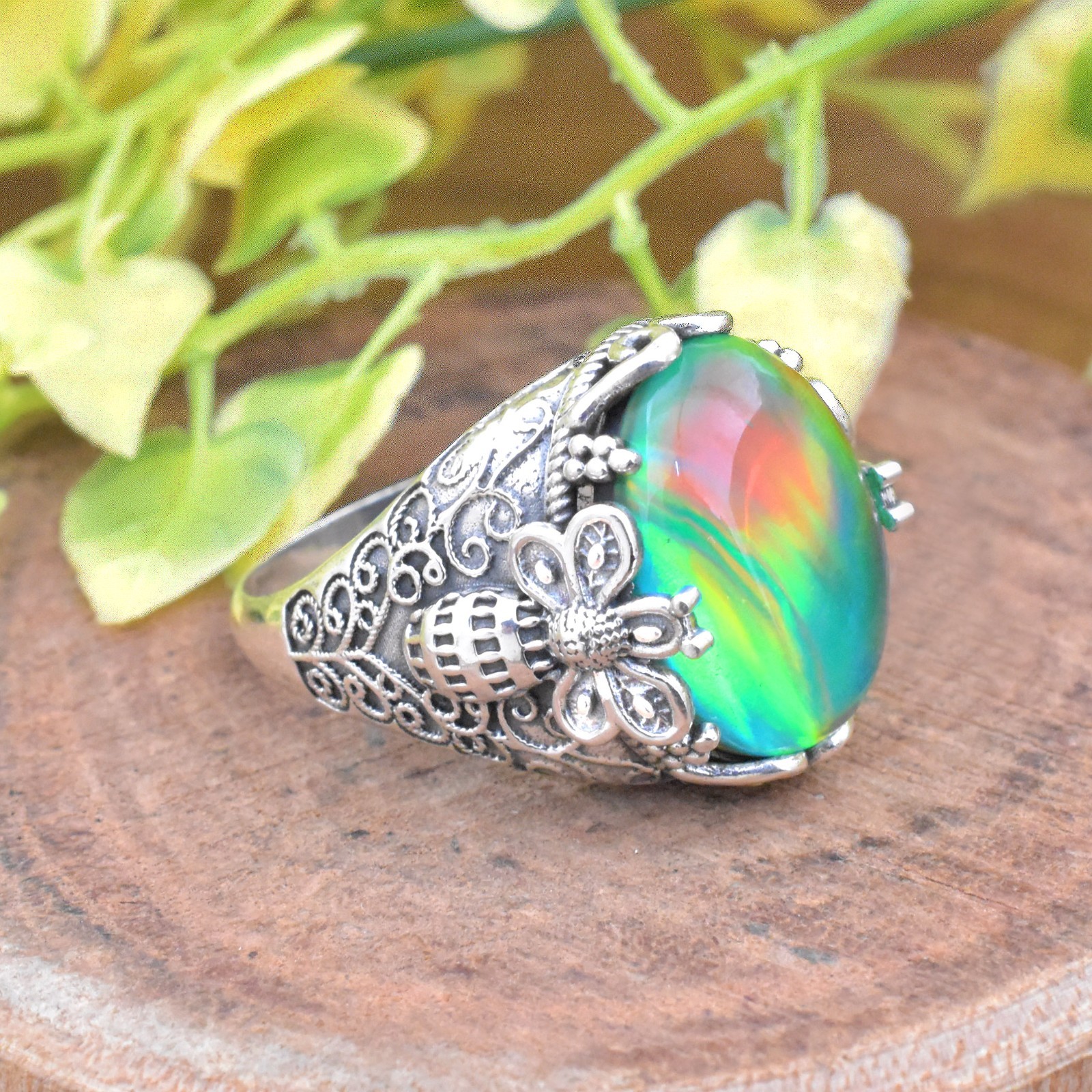 Aurora Opal Ring, Honey Bee Designer Ring, Opal Cabochon Statement Ring