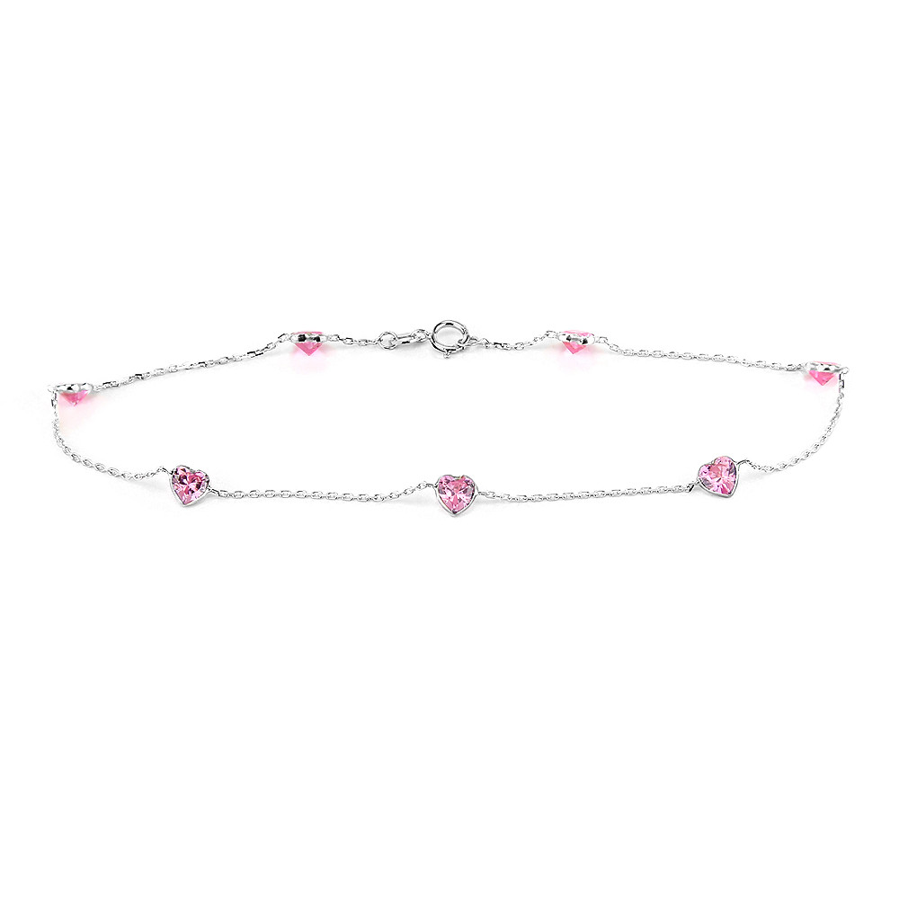 14K White Gold Pink Heart Shaped Cubic Zirconia Anklet Bracelet 9.5 Inches
